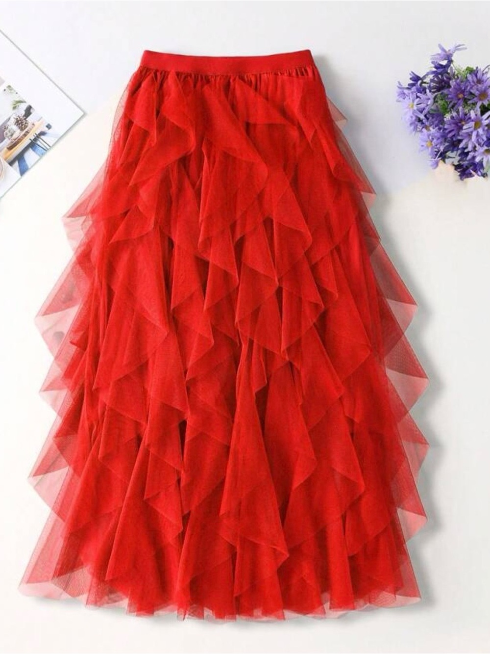 CeCe Red Tiered Tulle Midi Skirt NWT Size Medium - Picture 6 of 14
